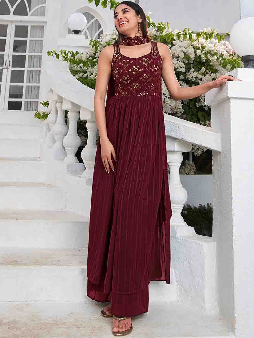 

Mitera Maroon Ethnic Motifs Embroidered A-Line Kurta & Palazzos With Dupatta