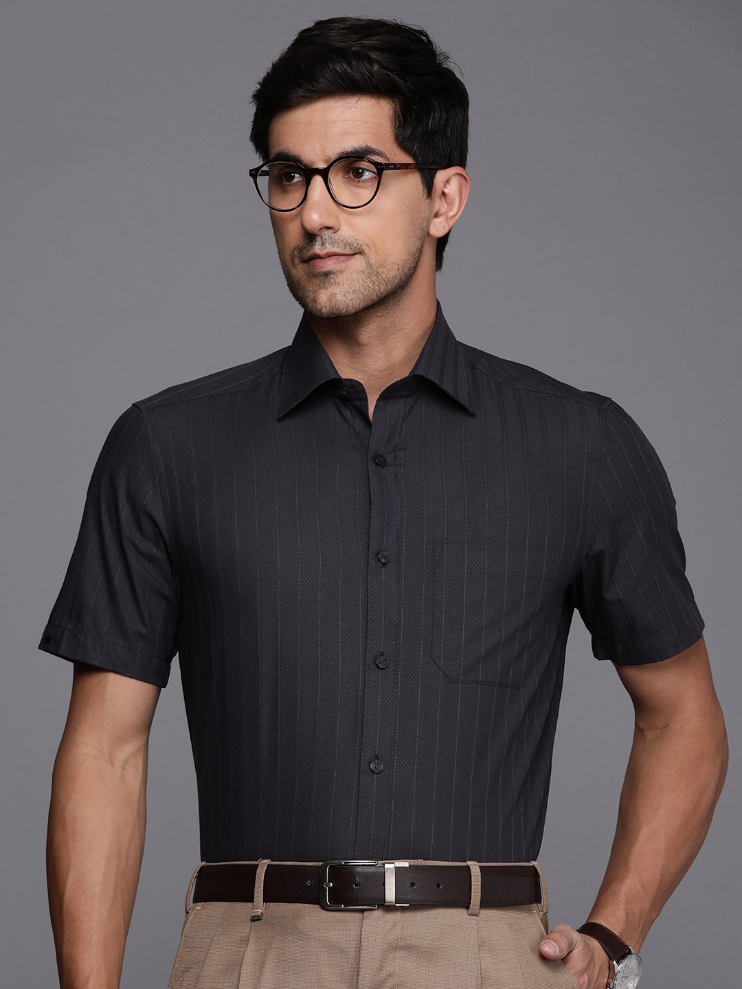 

Louis Philippe Men Opaque Striped Pure Cotton Formal Shirt, Black