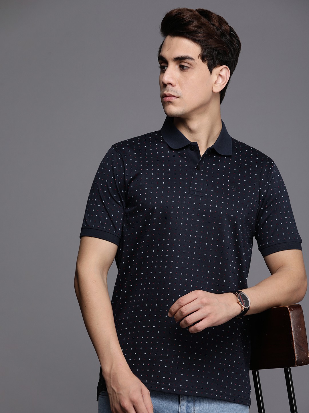 

Louis Philippe Men Printed Polo Collar Regular Fit T-shirt, Navy blue