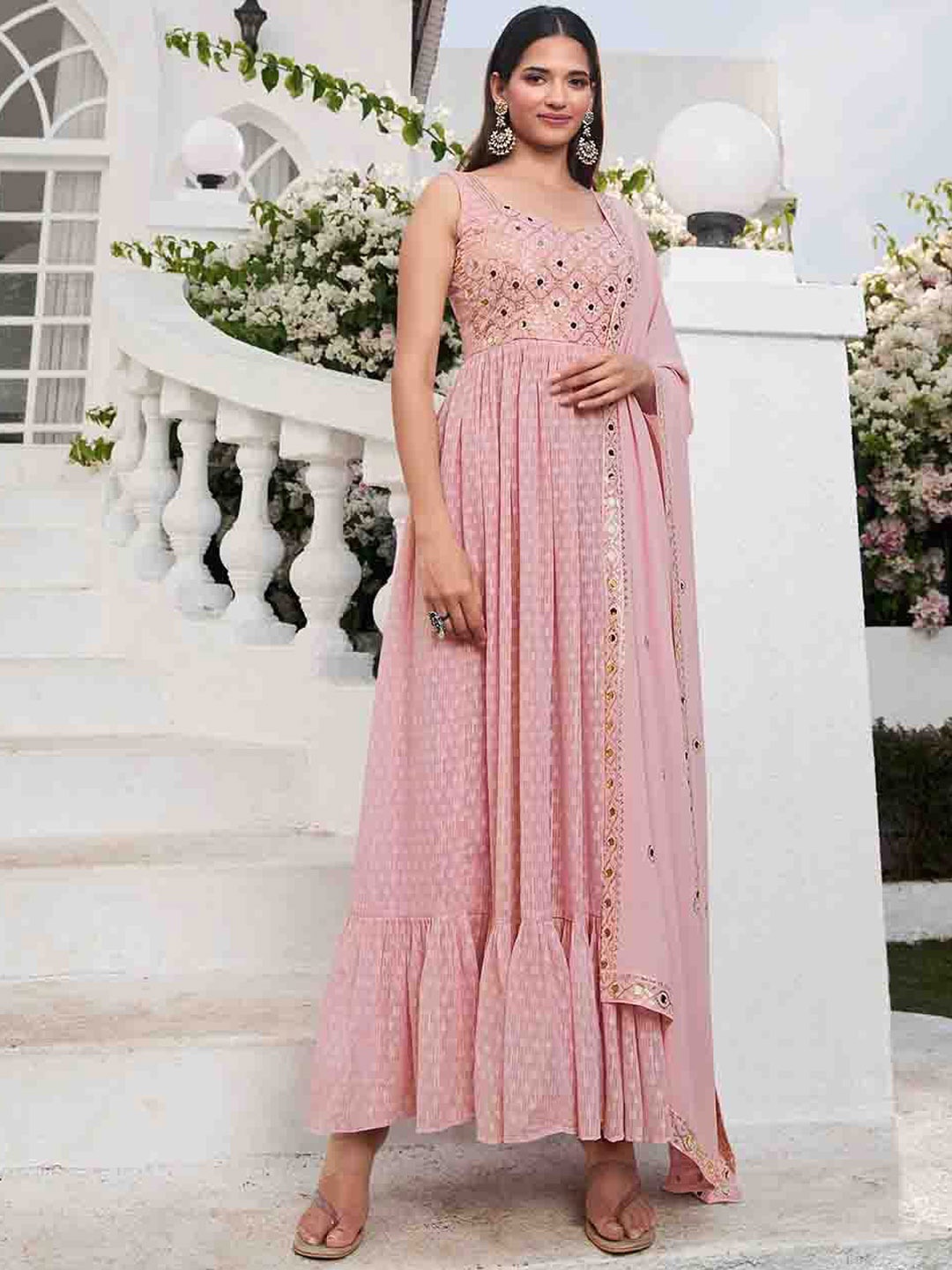 

Mitera Pink Ethnic Self Design Thread Work Sequined Anarkali Kurta with Palazzos & Dupatta