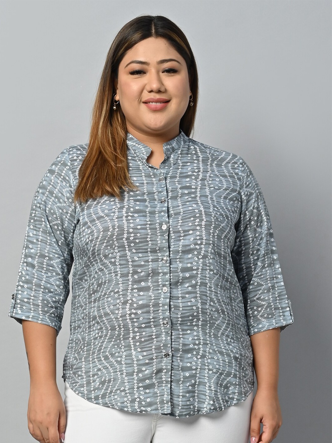 

Vastraa Fusion Plus Size Abstract Printed Mandarin Collar Shirt Style Top, Grey