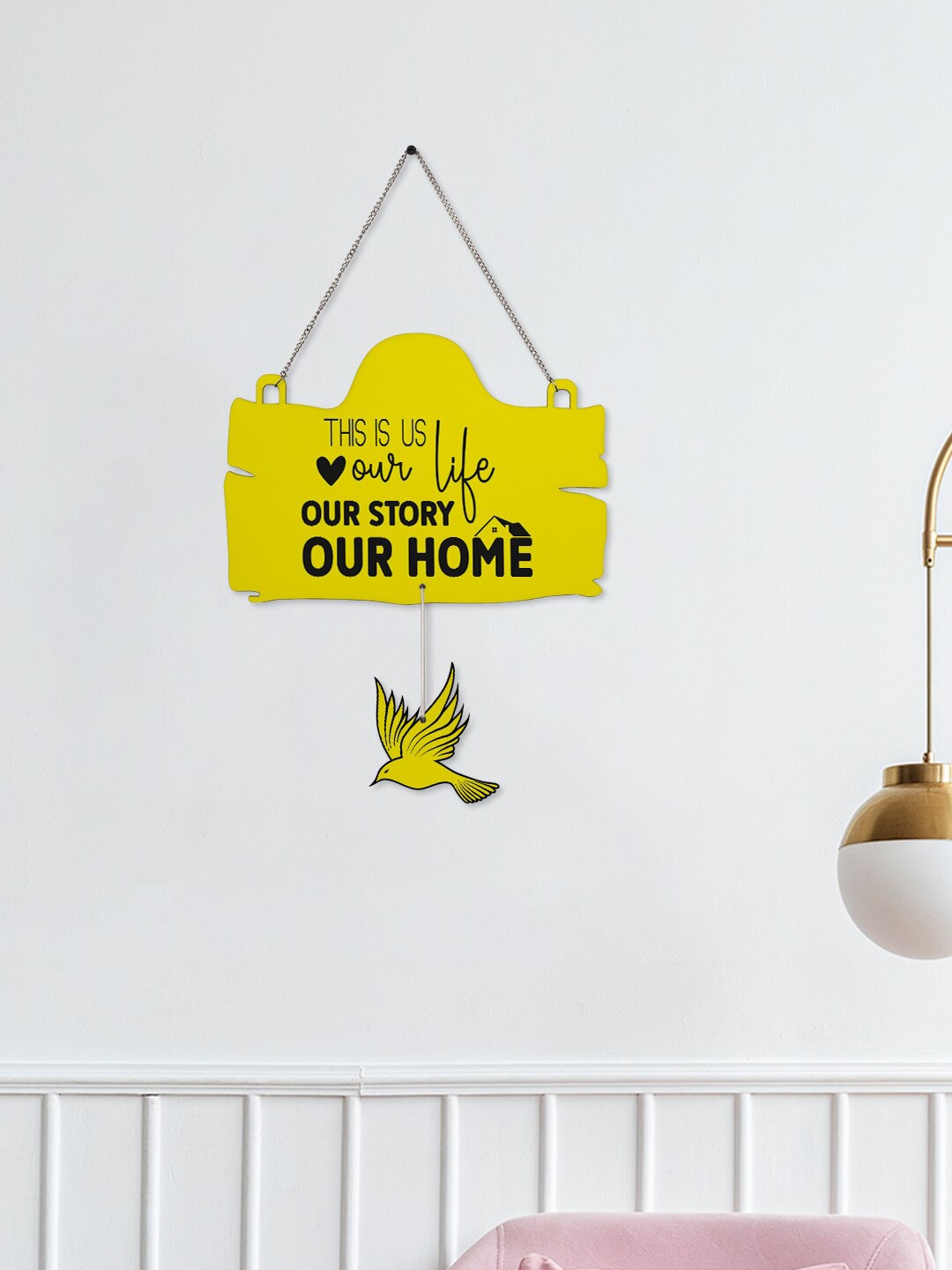 

Crazy Corner YeIlow & Black Printed Our Story Our Home Wooden Wall Decor, Yellow