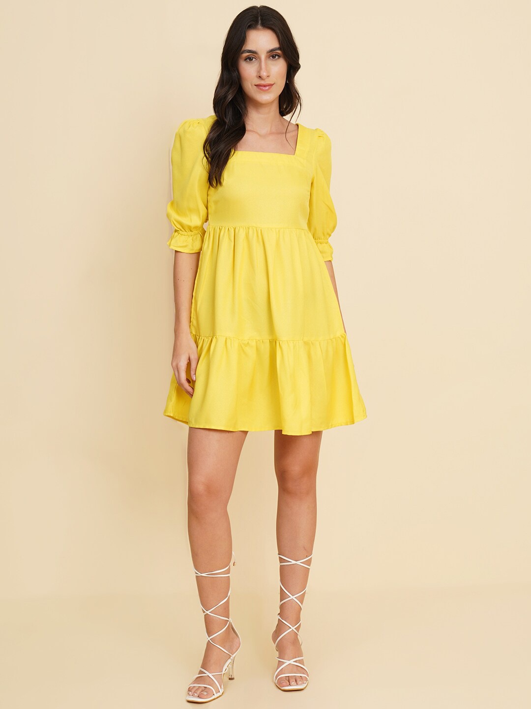 

HOUSE OF KKARMA Square Neck Puff Sleeve Fit & Flare Dress, Yellow