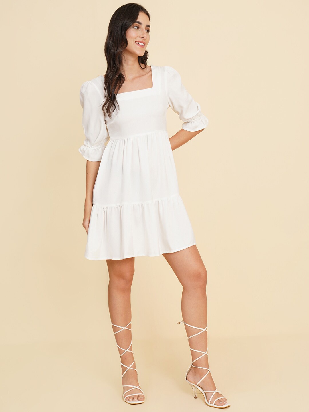 

HOUSE OF KKARMA Square Neck Puff Sleeve Fit & Flare Dress, White