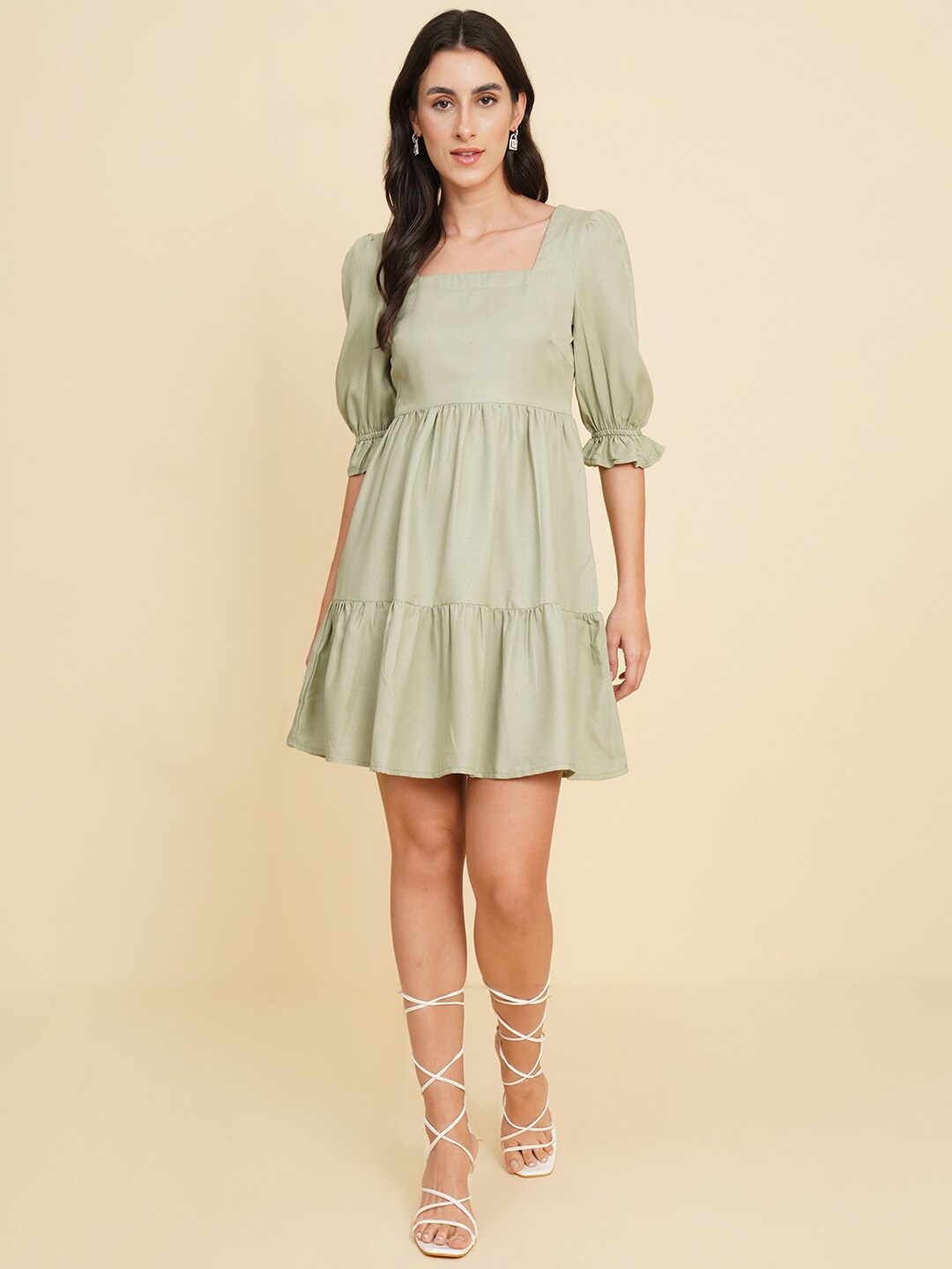 

HOUSE OF KKARMA Square Neck Puff Sleeve Fit & Flare Dress, Olive