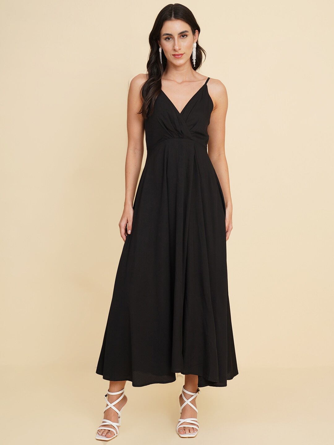 

HOUSE OF KKARMA Shoulder Straps Gathered or Pleated Maxi Dress, Black