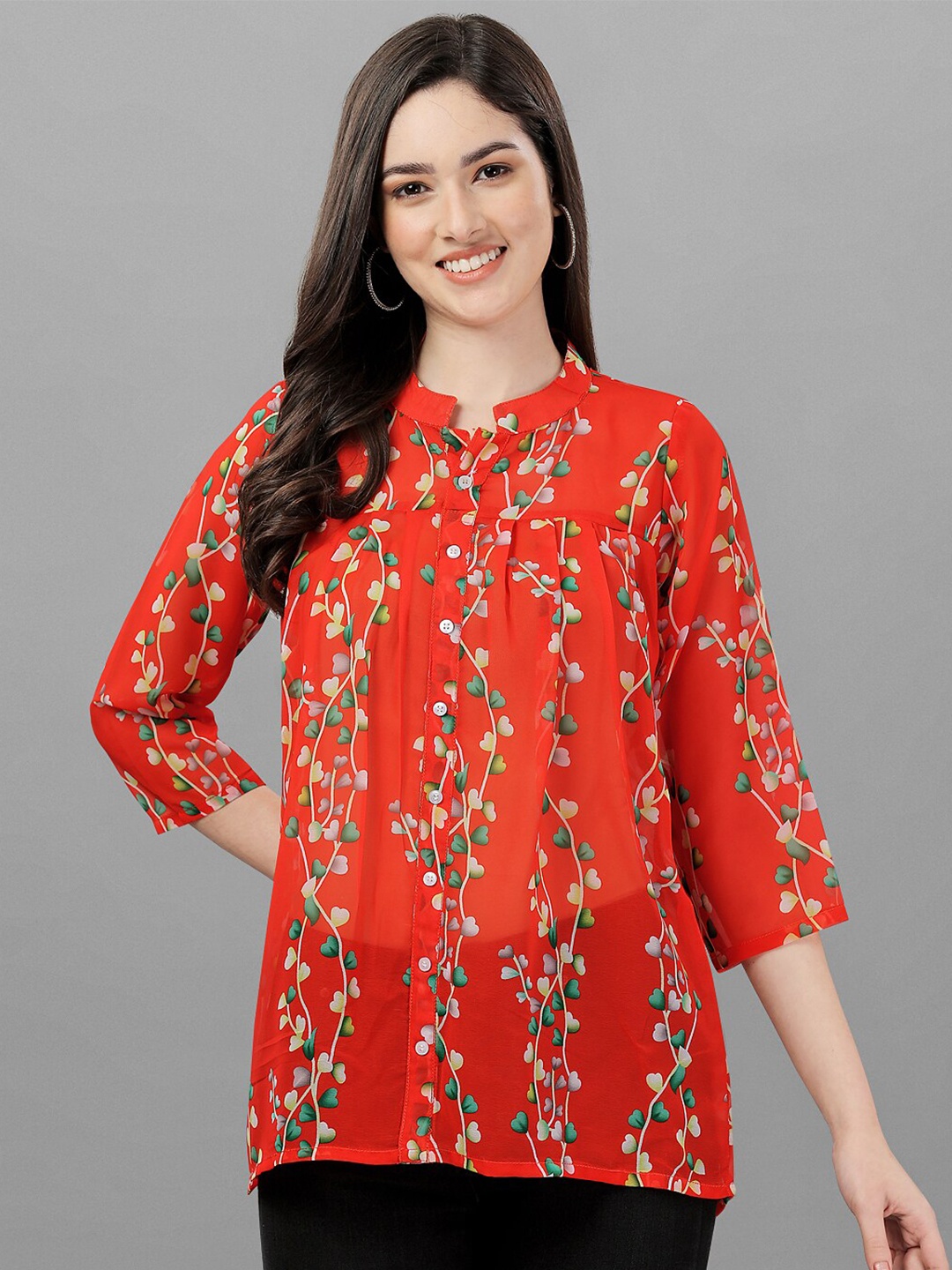 

SIDYAL Floral Printed Mandarin Collar Georgette Top, Red