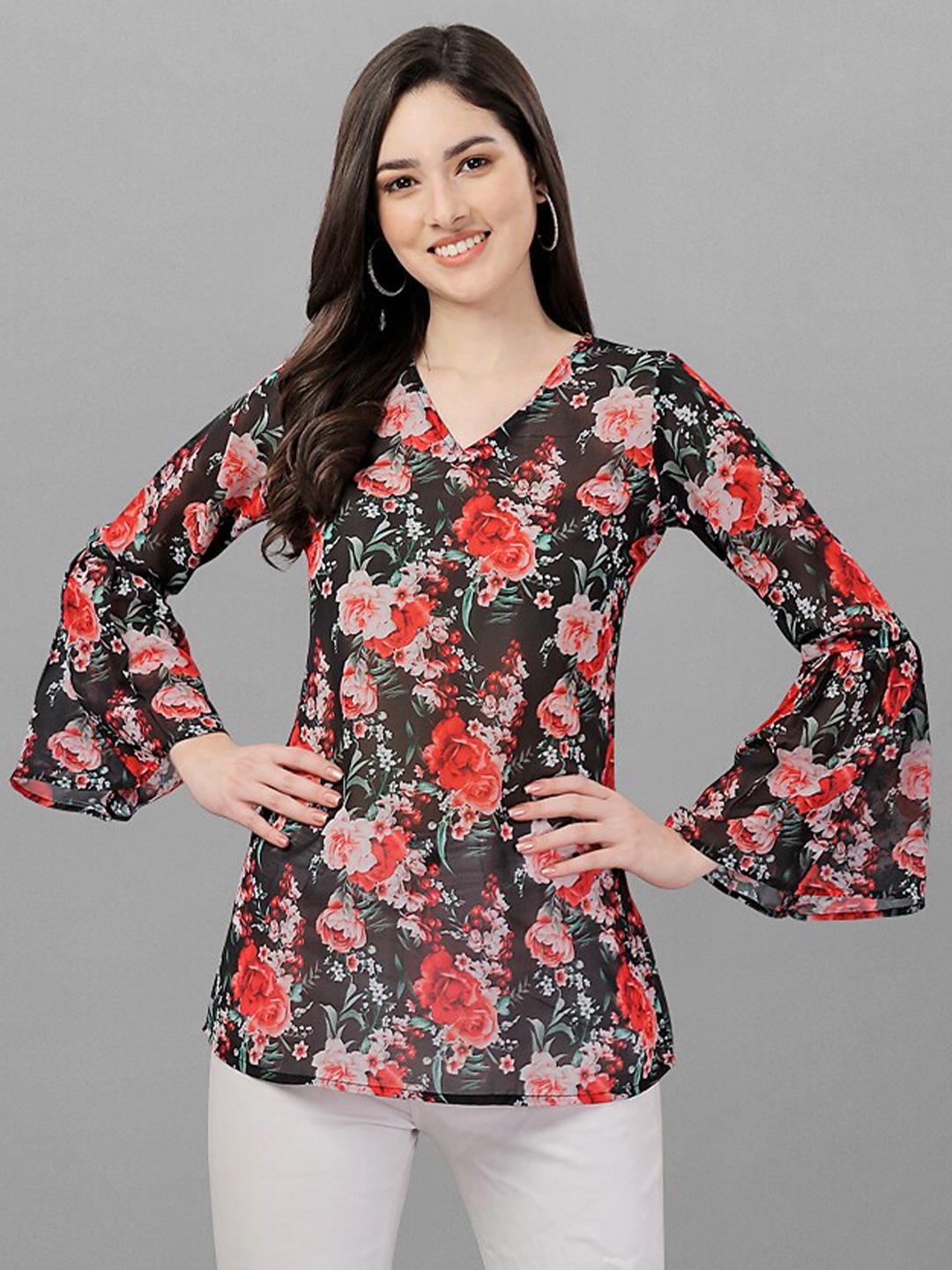 

SIDYAL Floral Printed Bell Sleeve Georgette Top, Black