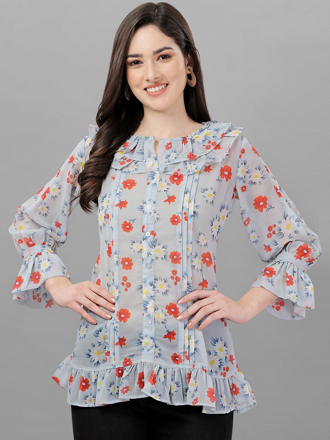 SIDYAL Floral Printed Bell Sleeve Gathered Georgette Top, Blue