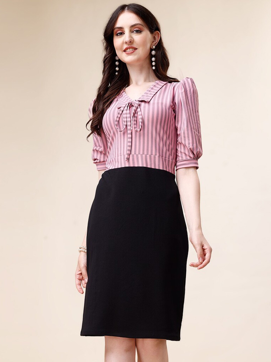 

DEKLOOK Striped Tie-Up Neck Puff Sleeves Straight Sheath Dress, Pink