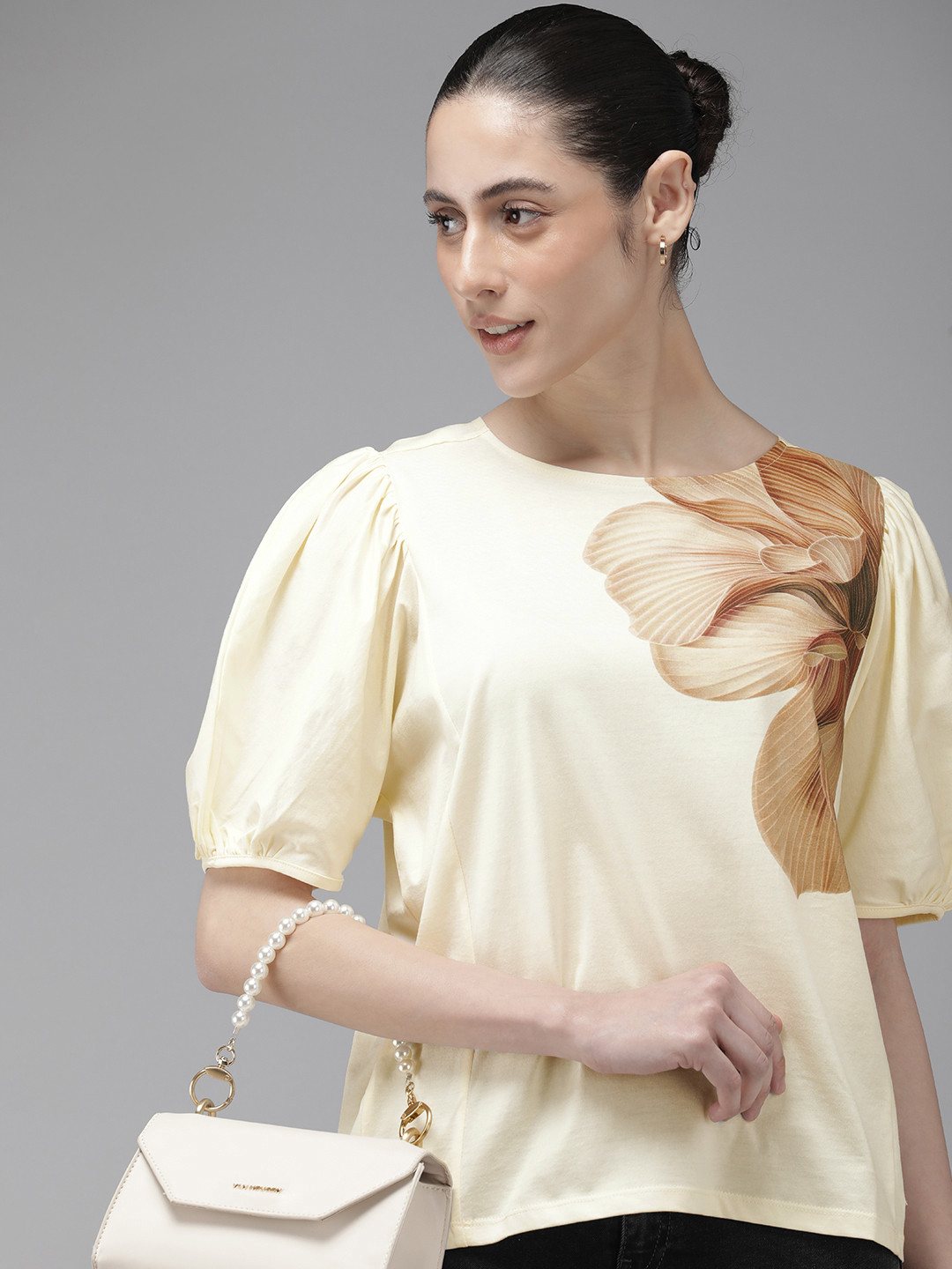 

Van Heusen Woman Floral Print Puff Sleeve Cotton Top, Beige