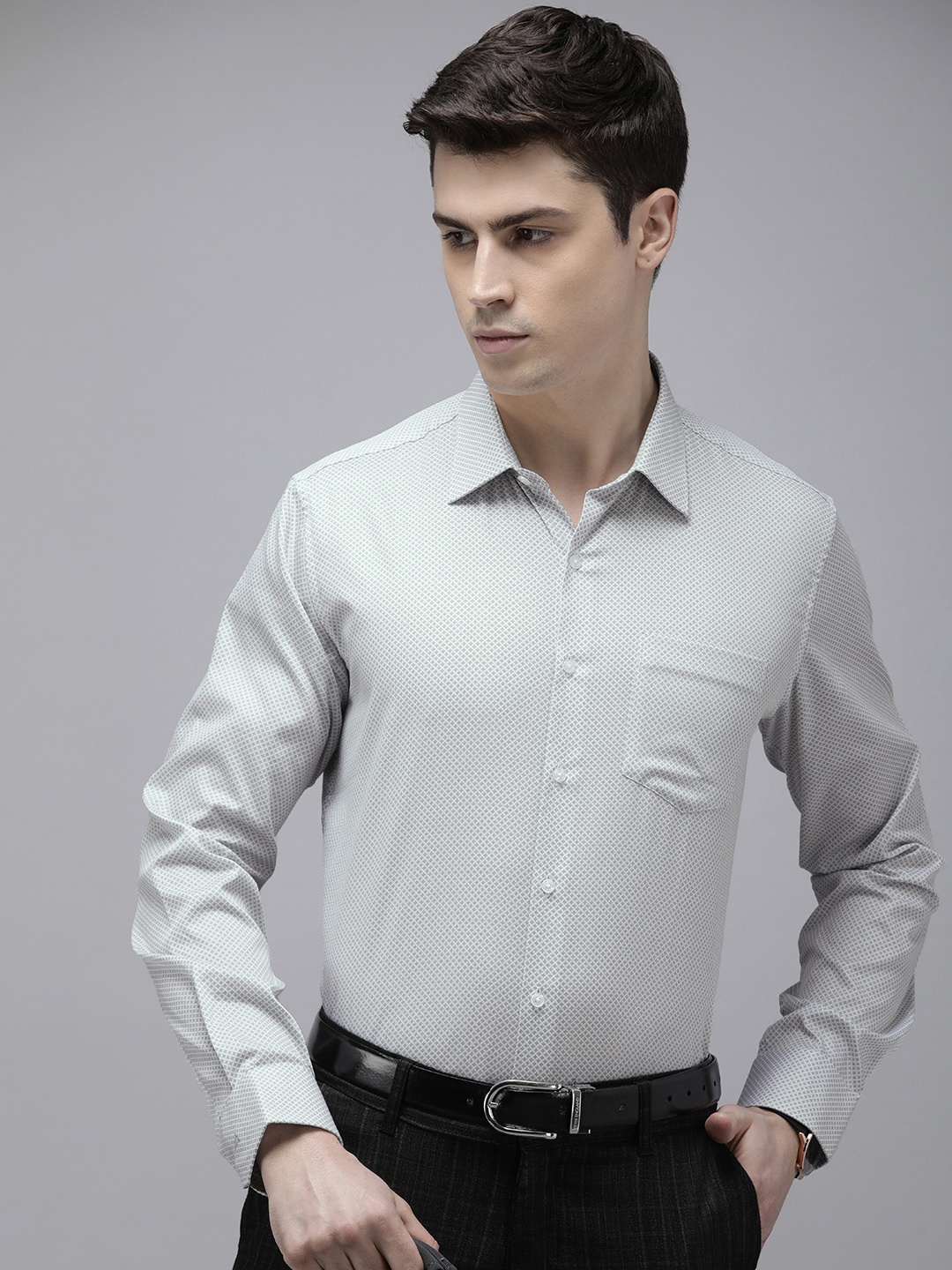 

Van Heusen Men Slim Fit Opaque Printed Cotton Formal Shirt, Grey