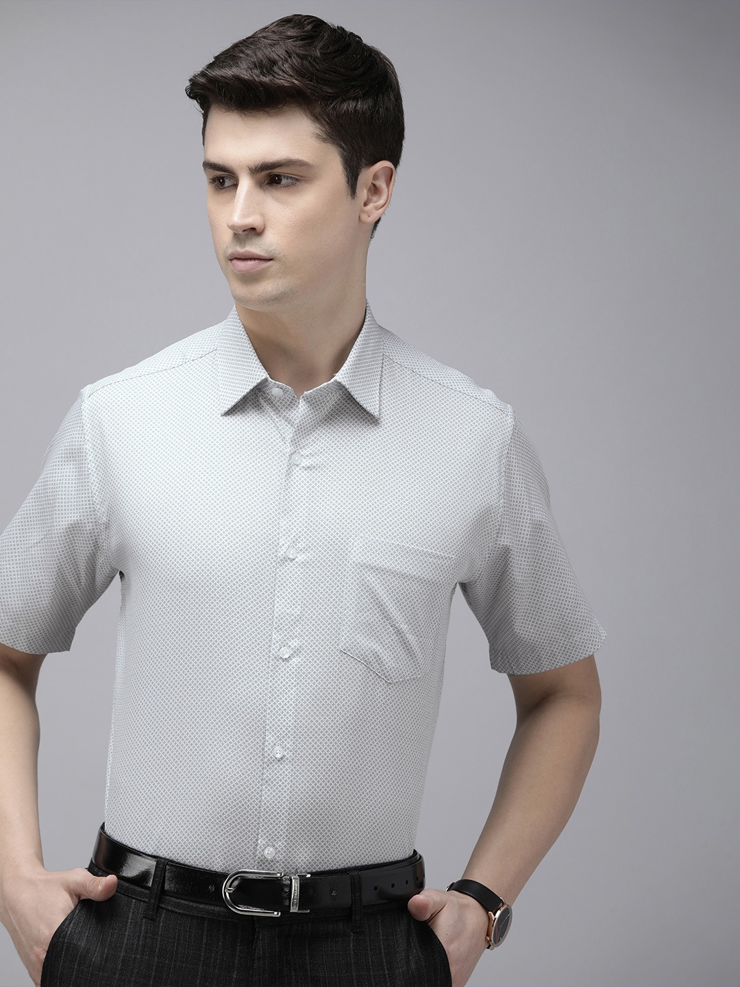 

Van Heusen Men Opaque Printed Cotton Formal Shirt, Grey