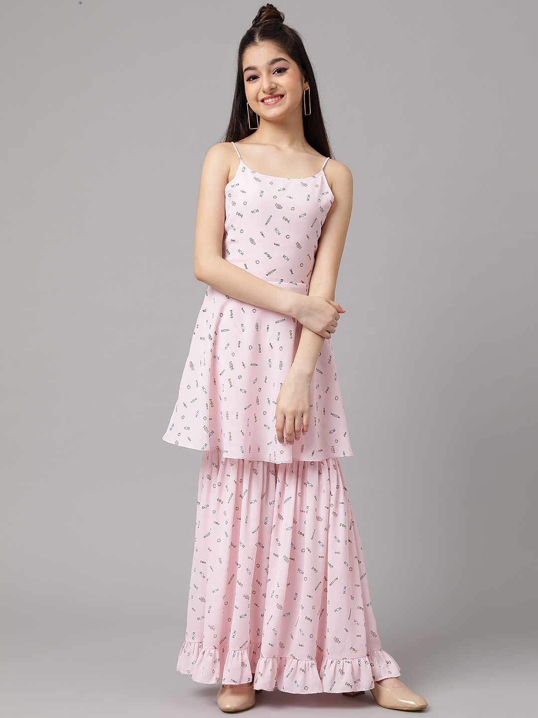 

Inddus Girls Quirkey Printed Shoulder Strap A-Line Kurta with Sharara, Pink