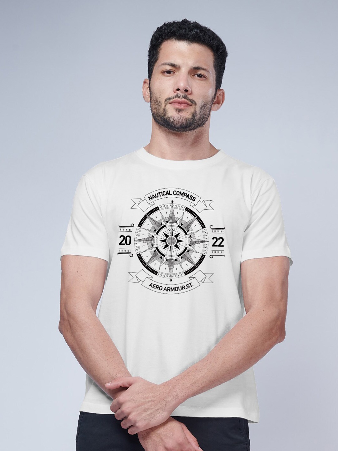 

Aero Armour Nautical Printed Round Neck Pure Cotton T-shirt, White
