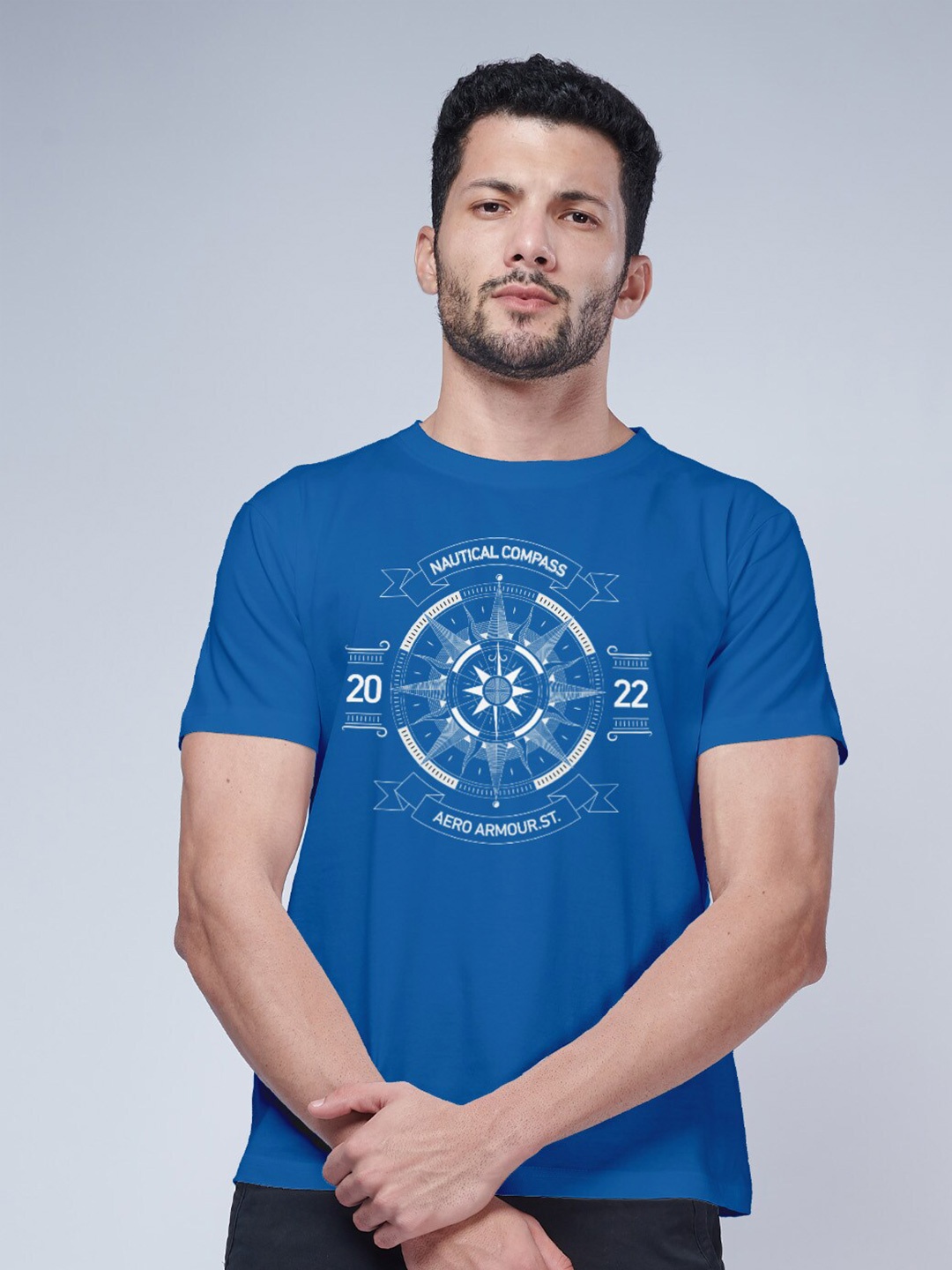 

Aero Armour Nautical Printed Round Neck Pure Cotton T-shirt, Blue