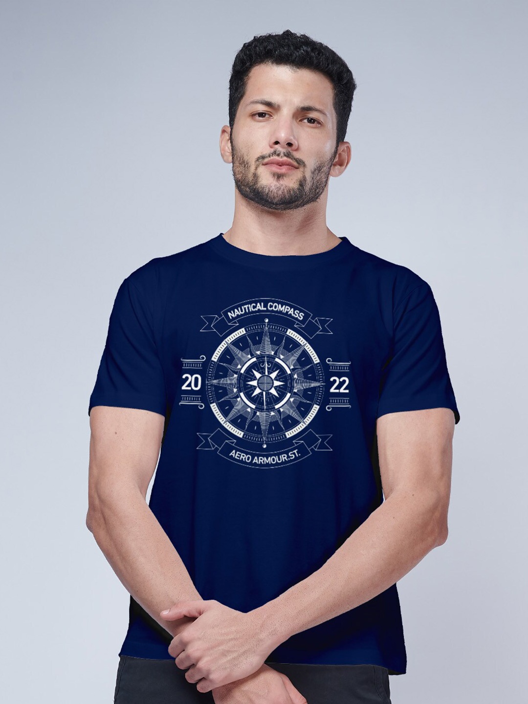 

Aero Armour Nautical Printed Round Neck Pure Cotton T-shirt, Navy blue