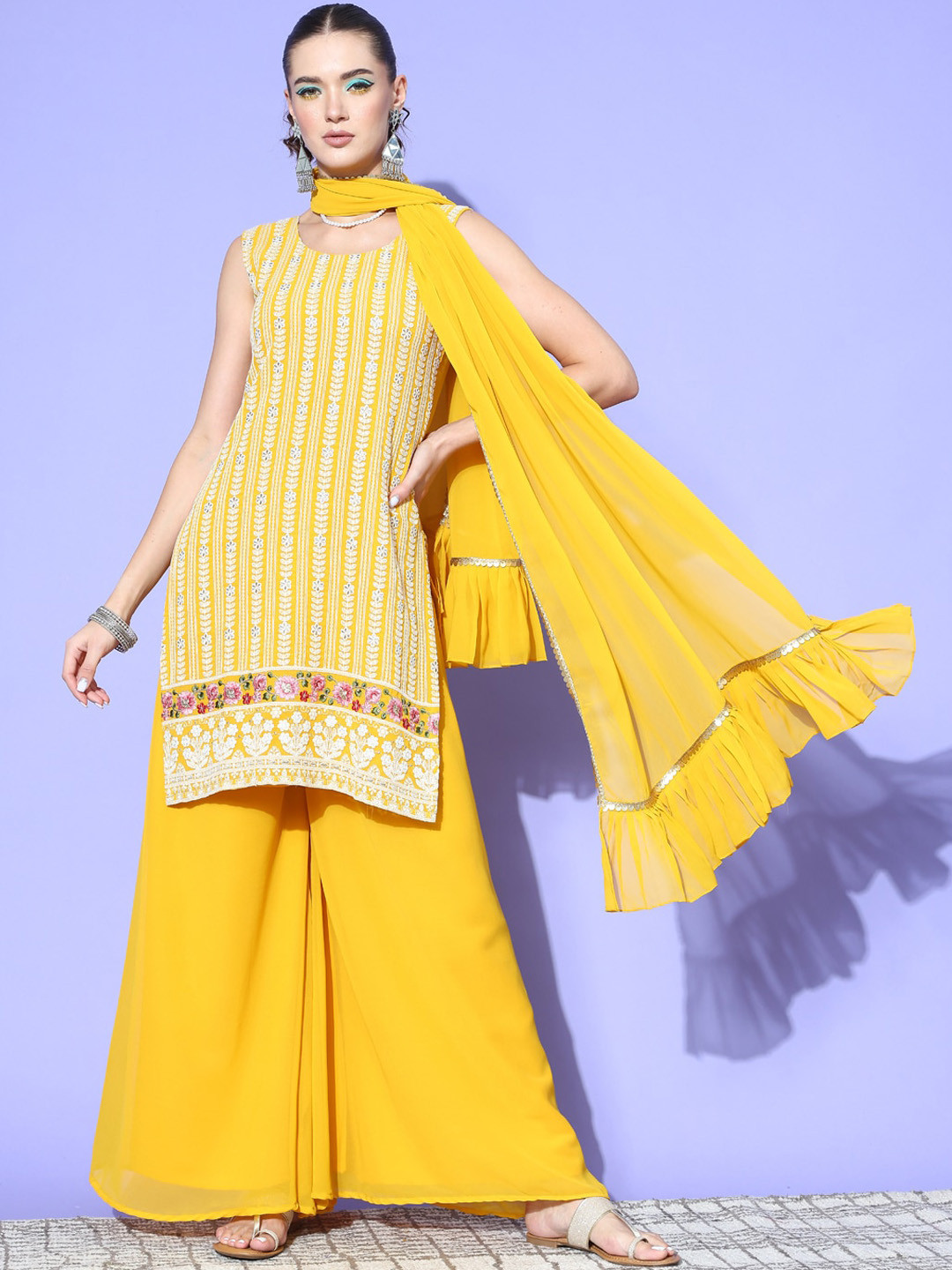 

Kvsfab Yellow Floral Embroidered Thread Work Straight Kurta & Palazzos With Dupatta
