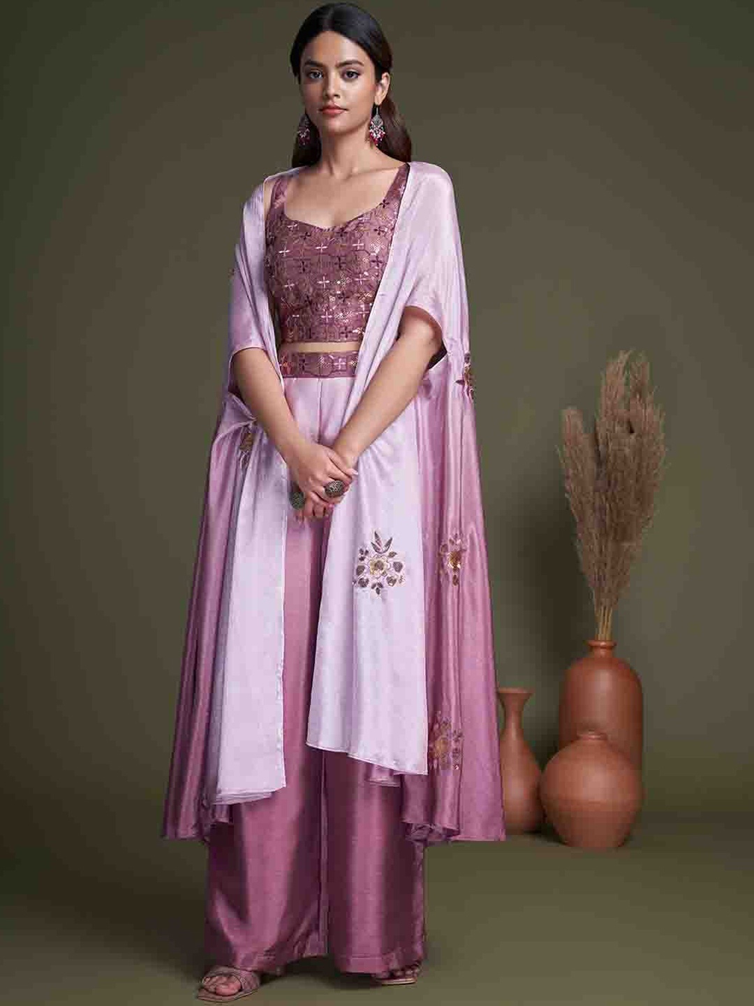 

Mitera Purple & Pink Embroidered Pure Silk Top With Palazzo & With Shrug