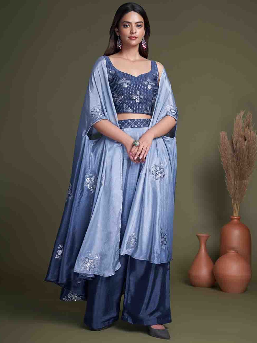 

Mitera Blue Embroidered Top With Palazzo & With Shrug