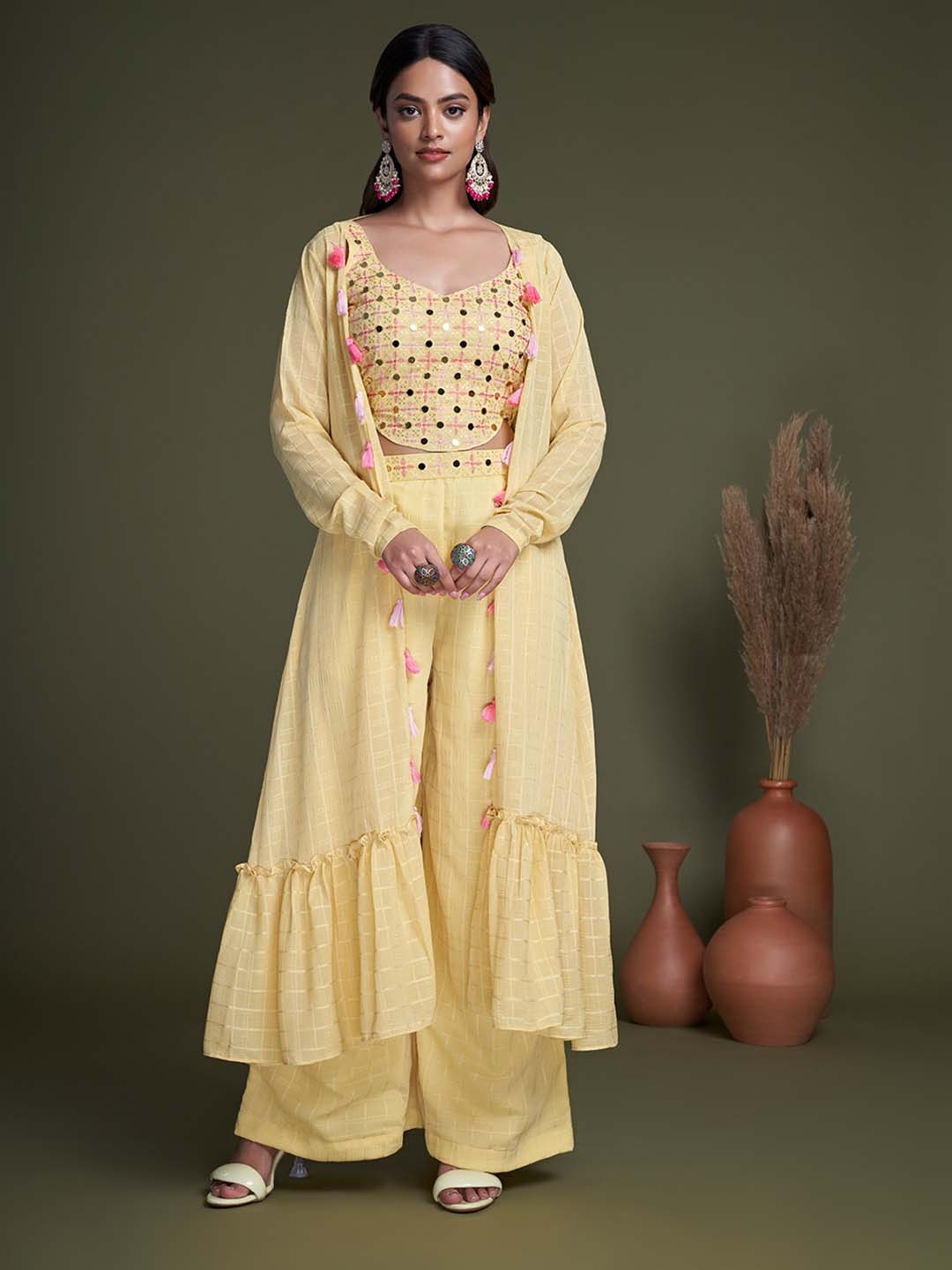 

Mitera Yellow Embroidered Top & Palazzo With Shrug