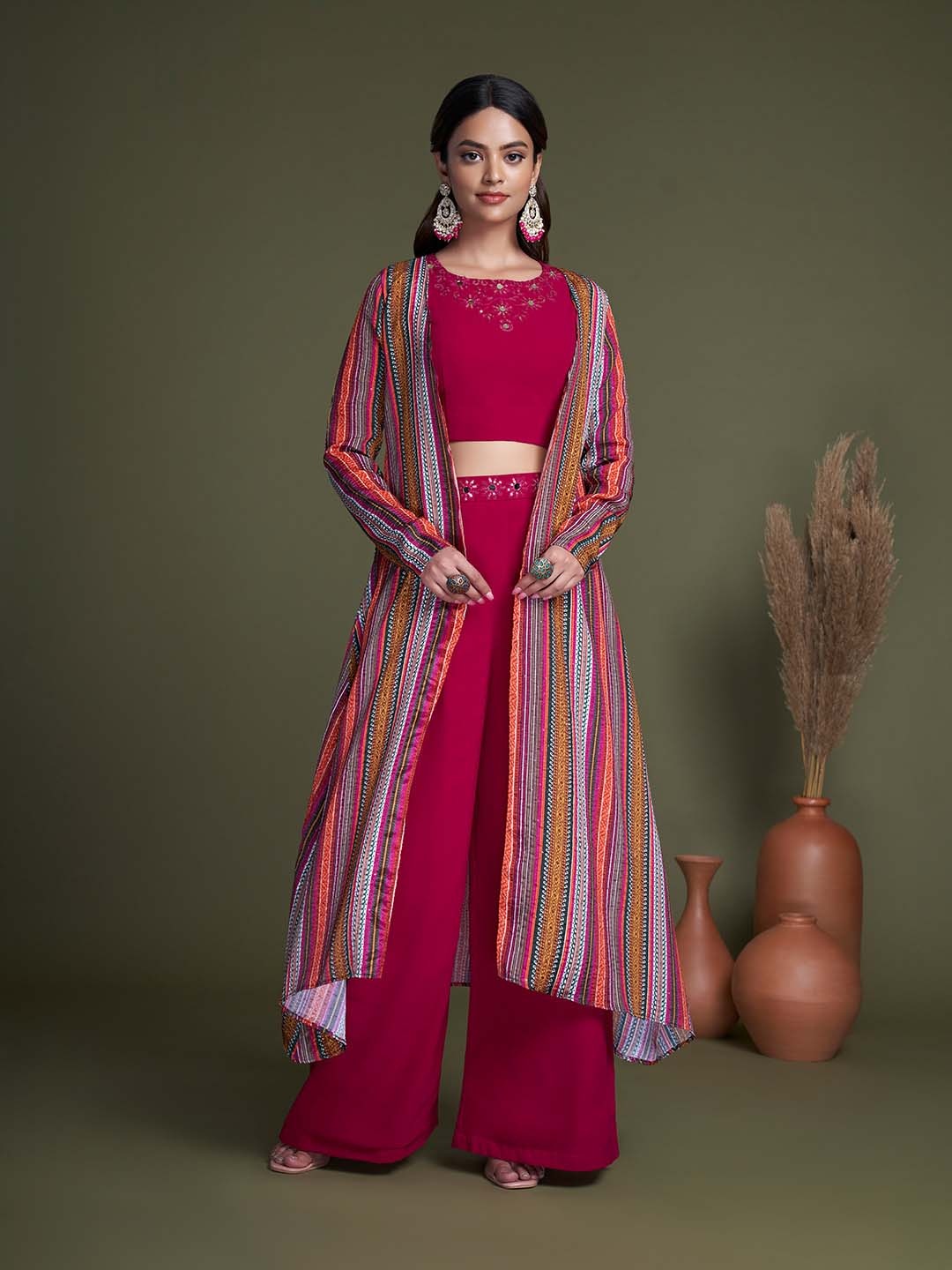 

Mitera Pink Embroidered Top With Palazzo & Shrug