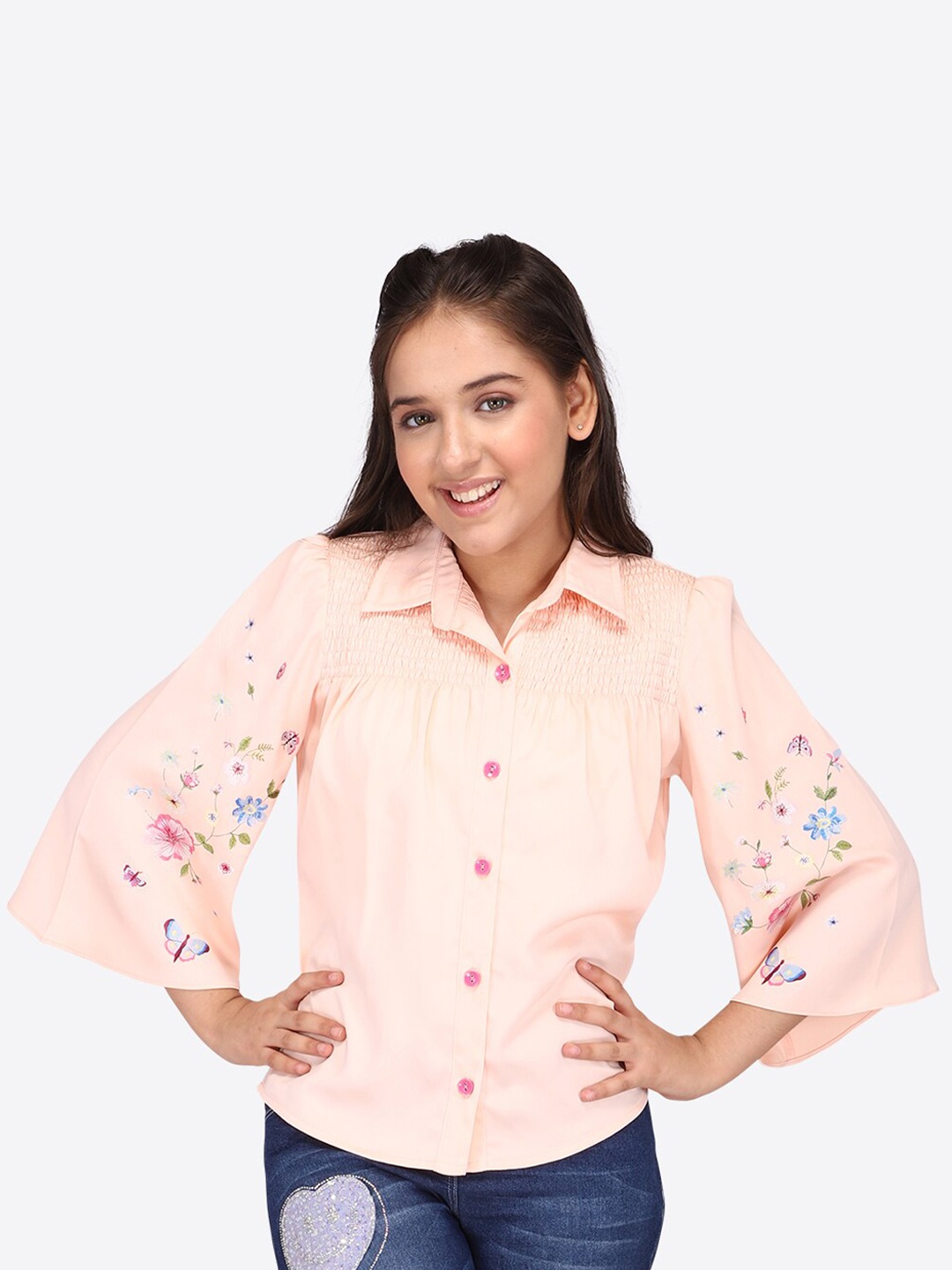 

CUTECUMBER Girls Bell Sleeve Applique Satin Shirt Style Top, Peach