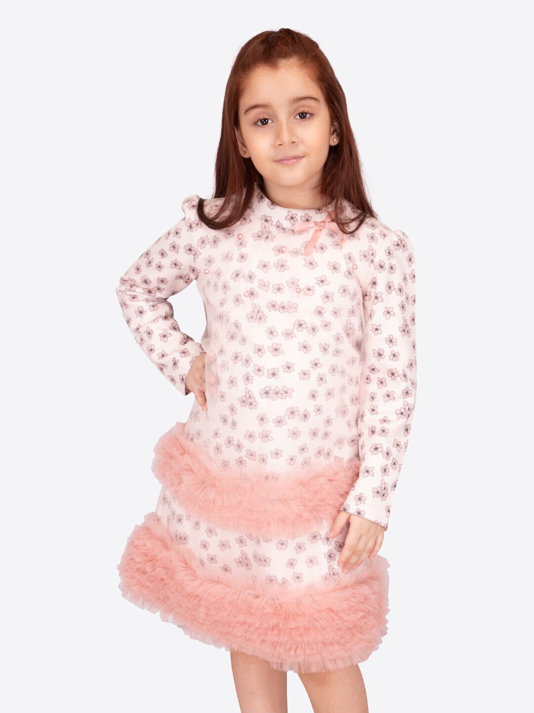 

CUTECUMBER Girls Floral Printed High Neck Ruffled Acrylic A-Line Dress, Pink