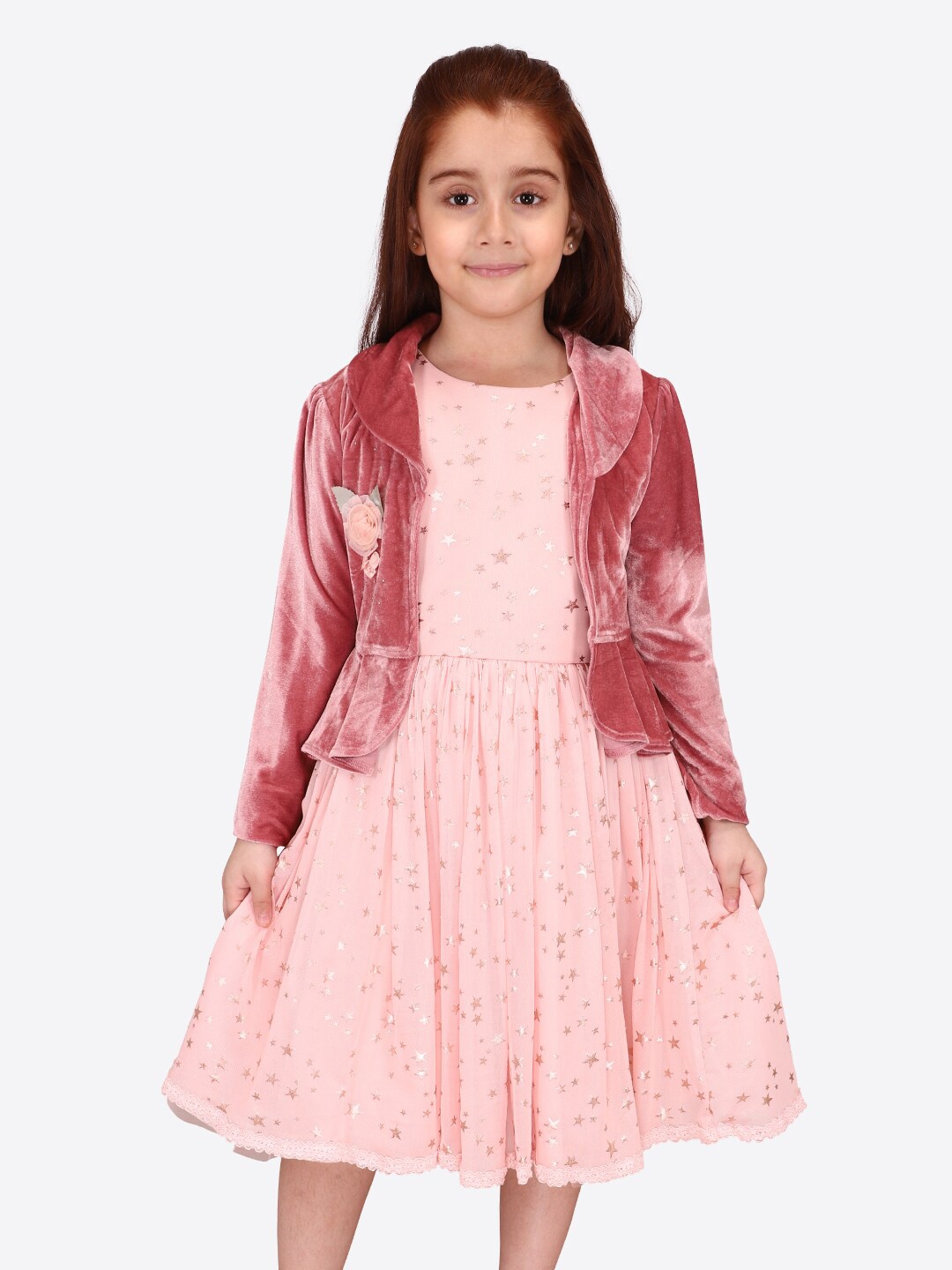

CUTECUMBER Girls Conversational Printed Sleeveless Fit & Flare Dress with Jacket, Peach