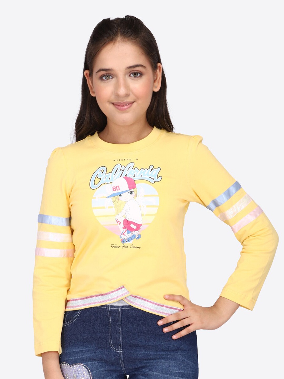 CUTECUMBER Girls Graphic Print Crop Top, Yellow