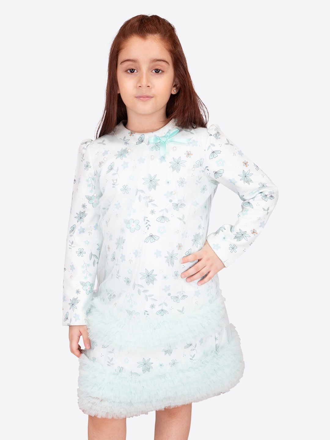 

CUTECUMBER Girls Floral Printed High Neck Ruffled Acrylic A-Line Dress, Green