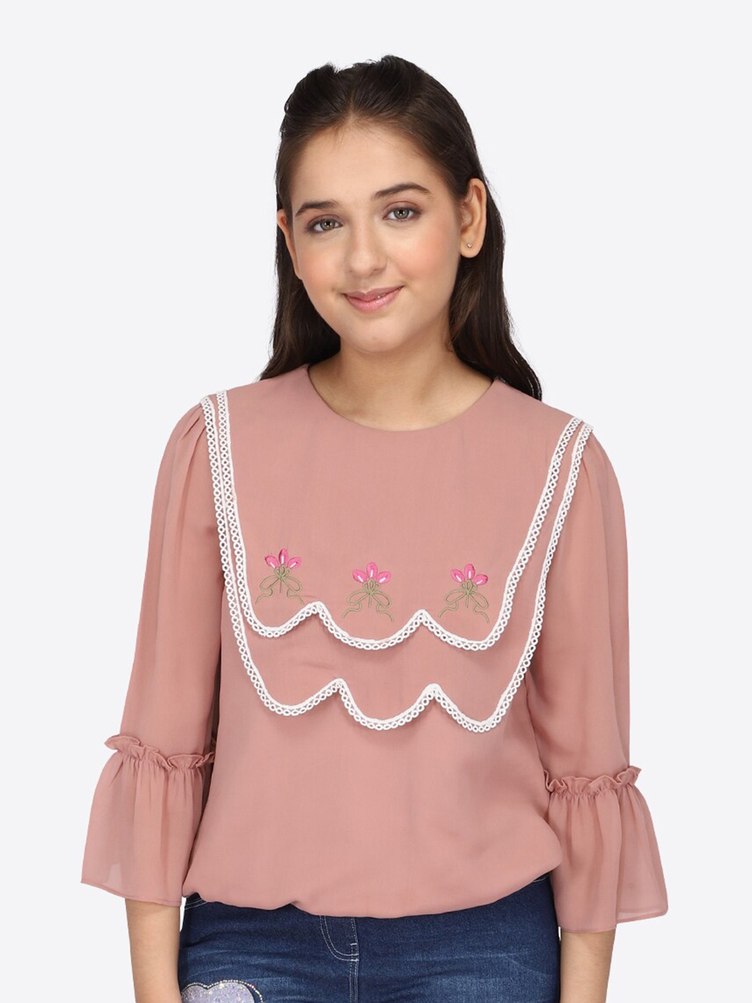 

CUTECUMBER Girls Bell Sleeve Georgette Top, Rust