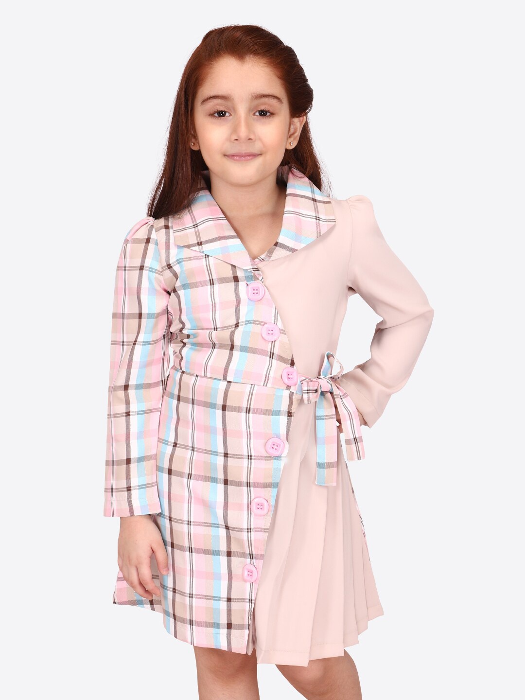 

CUTECUMBER Girls Checked Pleated Detailed Shirt Collar Shirt Style Dress, Beige