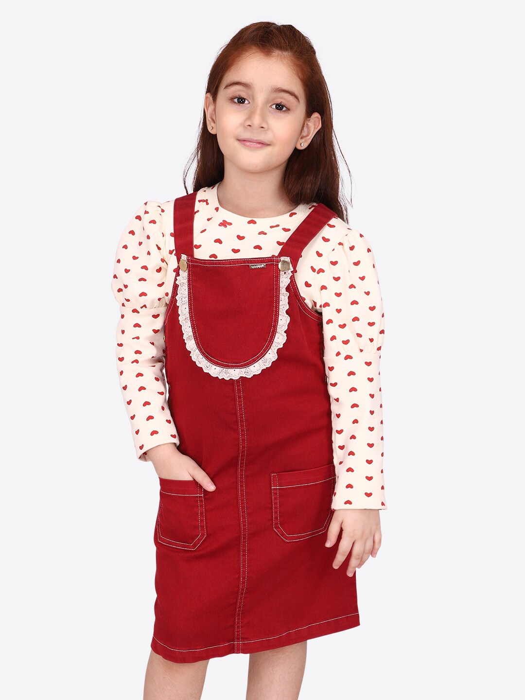 

CUTECUMBER Girls Conversational Printed Puff Sleeves Pinafore Dress, Maroon