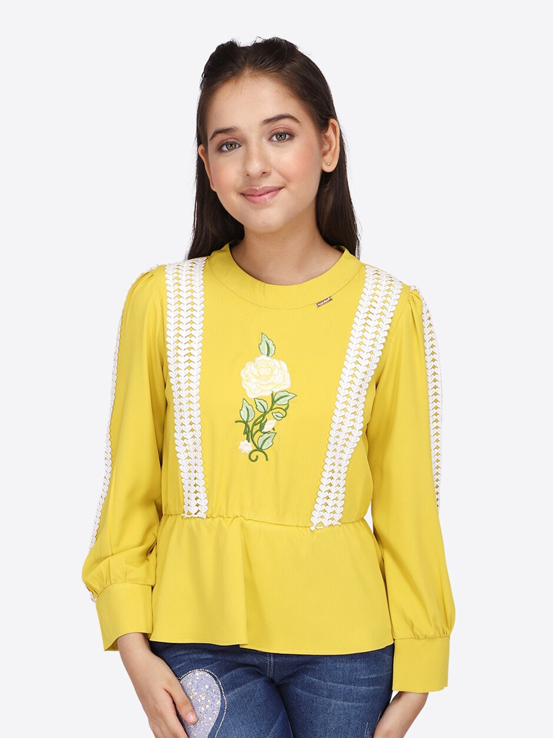 

CUTECUMBER Girls Floral Embellished Georgette Peplum Top, Yellow
