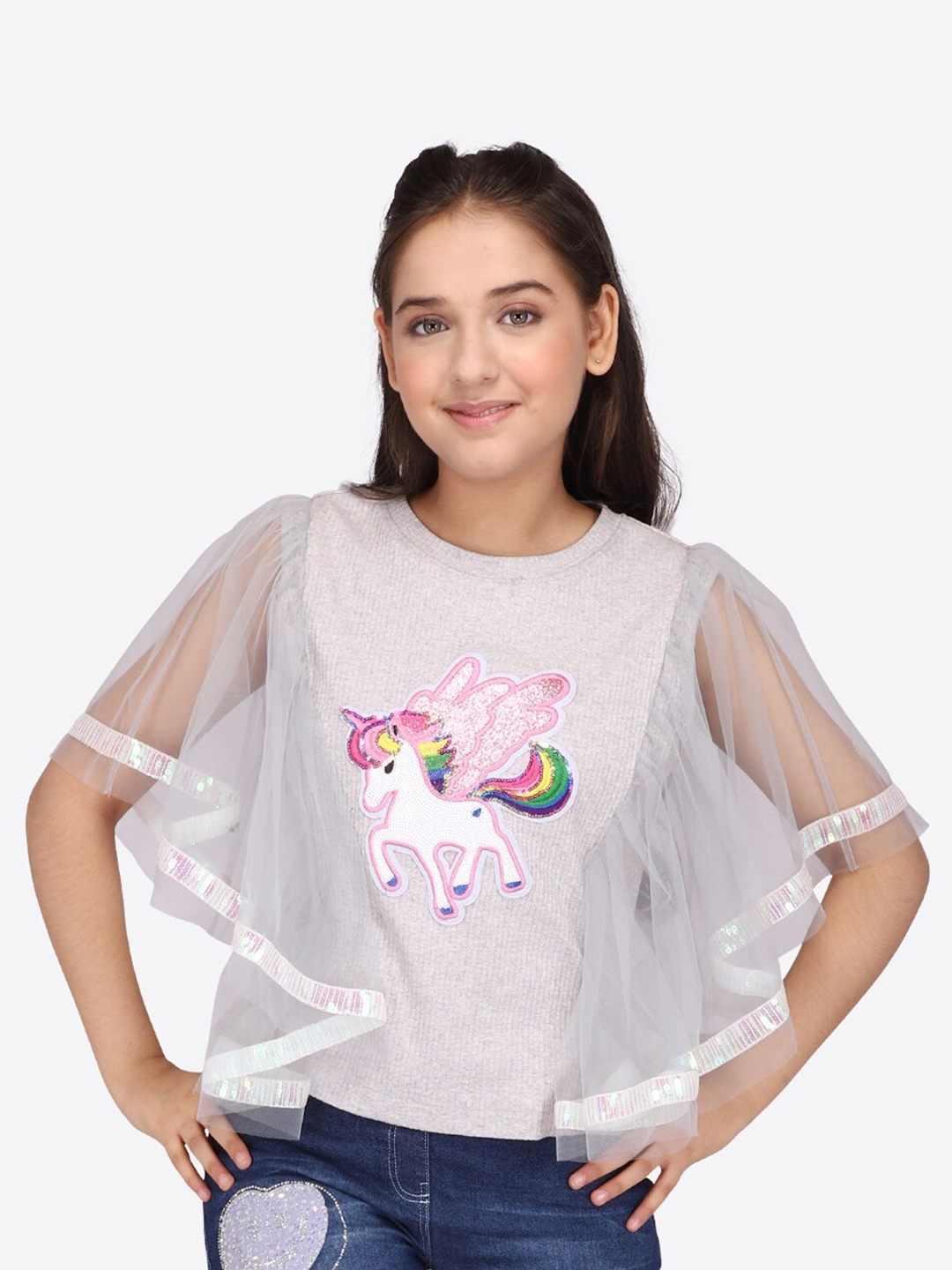 

CUTECUMBER Girls Print Flutter Sleeve Net Top, Grey