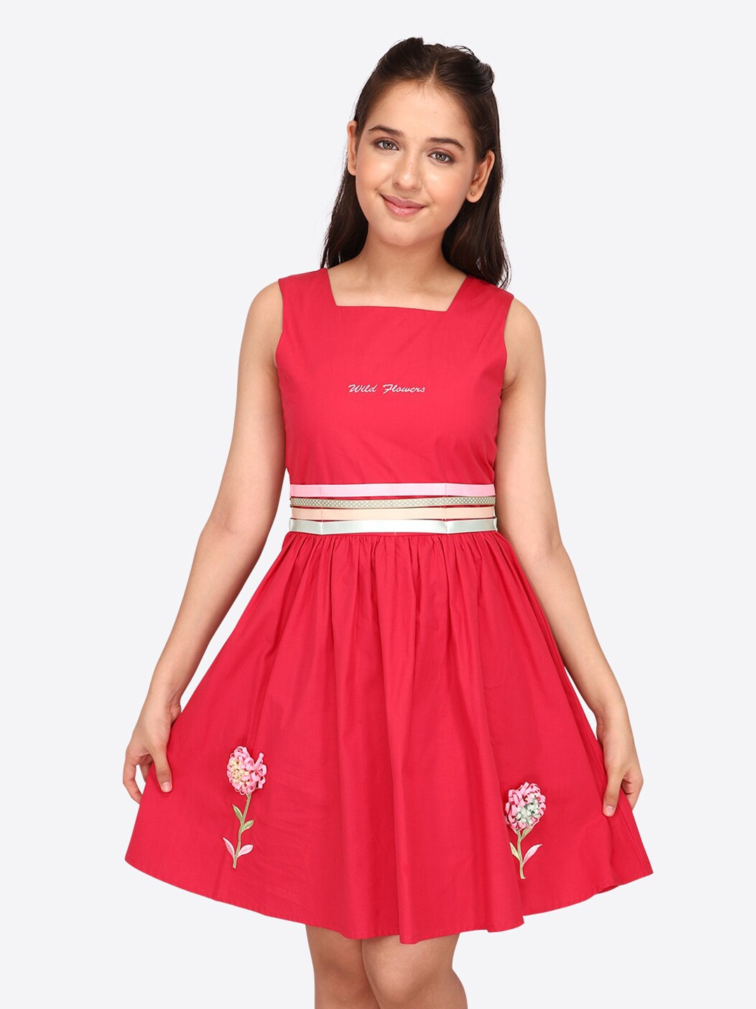 

CUTECUMBER Girls Embroidered Detailed Square Neck Fit & Flare Dress, Red