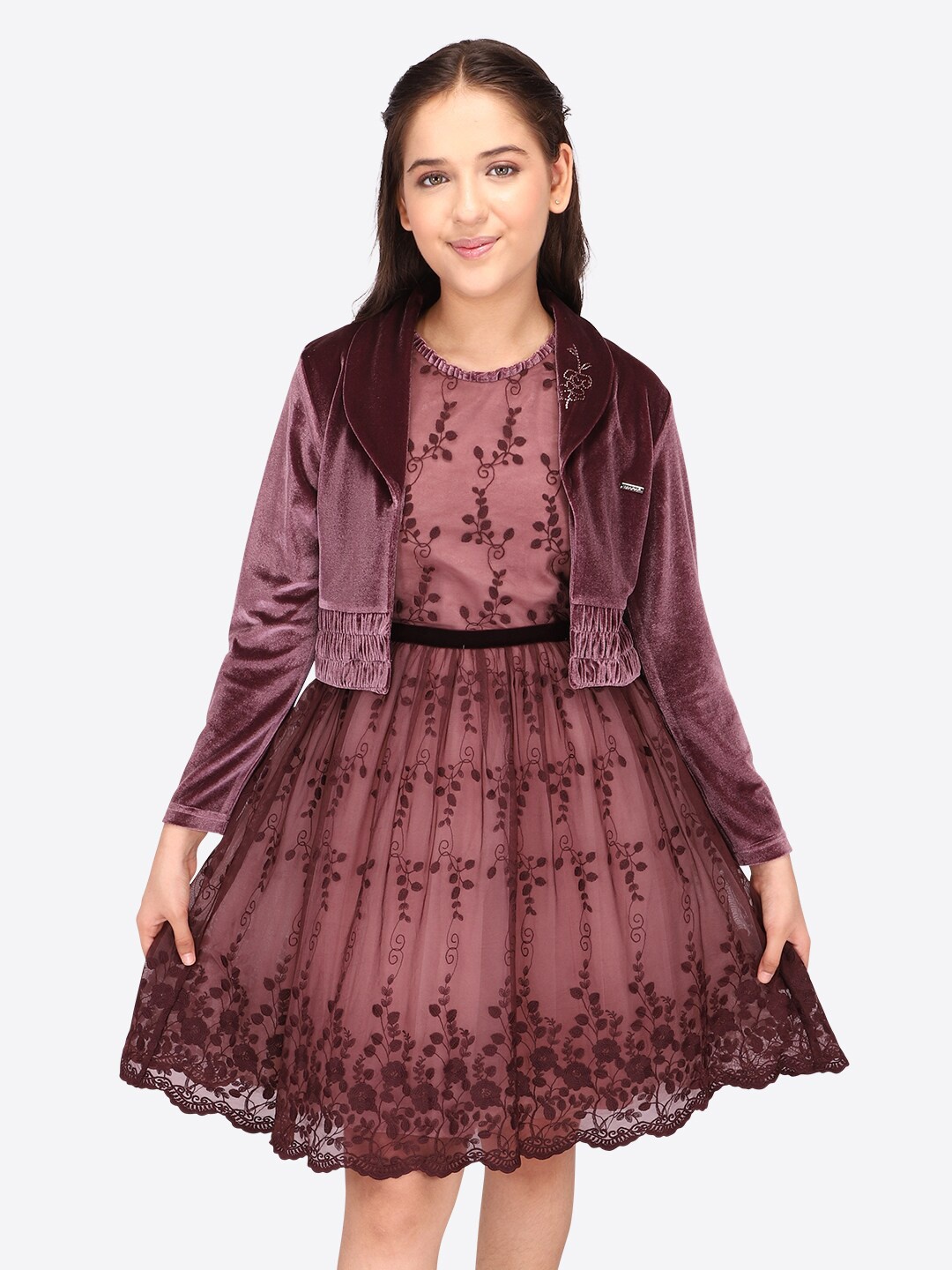 

CUTECUMBER Girls Floral Printed Fit & Flare Dress with Jacket, Brown