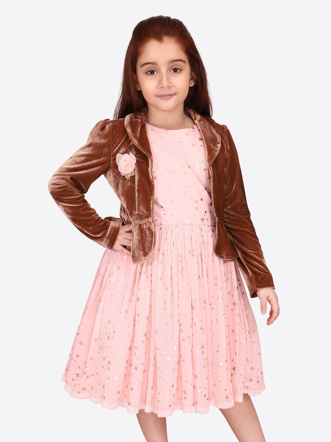 

CUTECUMBER Girls Conversational Printed Sleeveless Fit & Flare Dress with Jackets, Brown