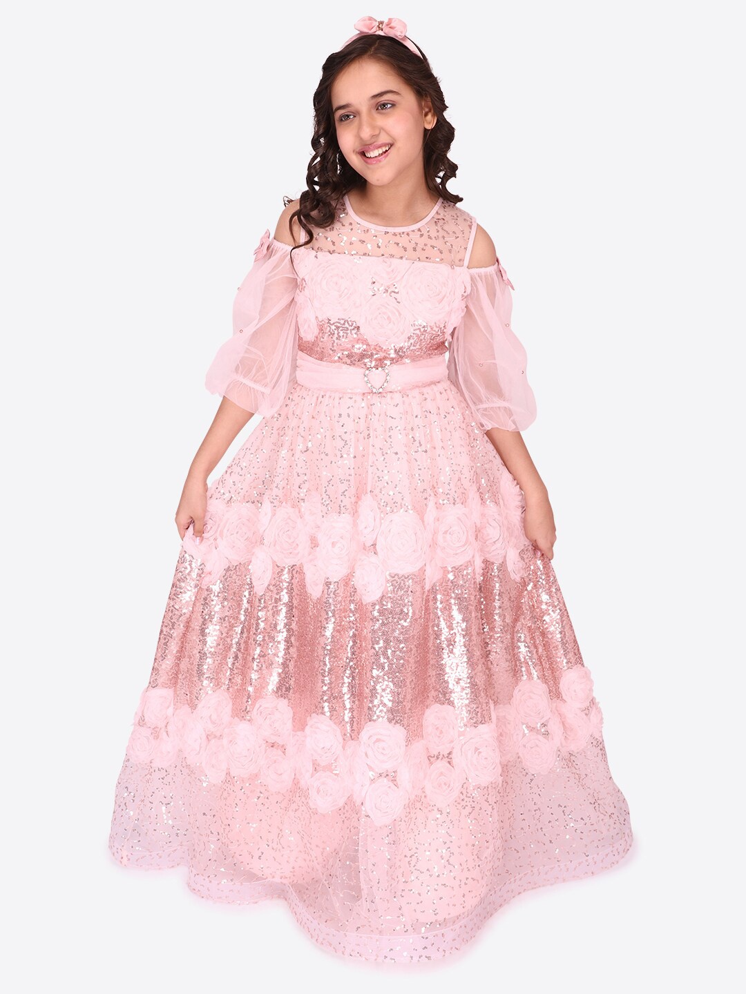 

CUTECUMBER Girls Embellished Sequined Cold-Shoulder Sleeves Fit & Flare Maxi Dress, Peach