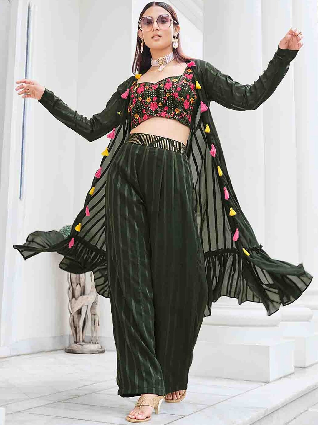 Mitera Olive Green Embroidered Top With Palazzo & With Shrug