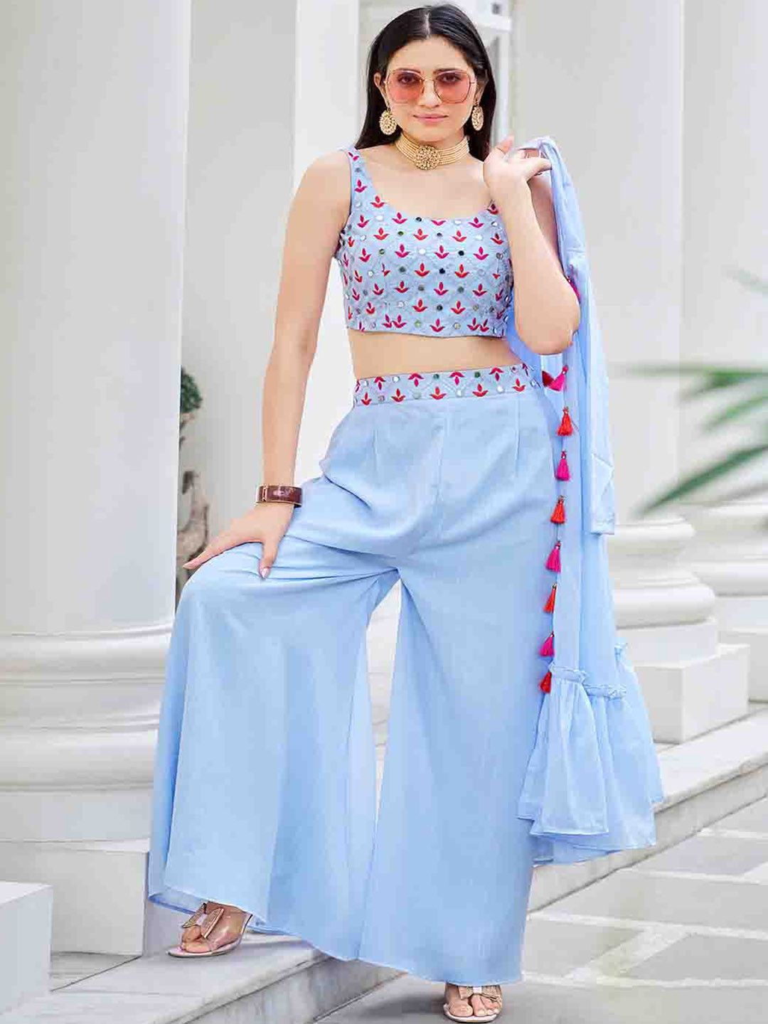 

Mitera Blue Embroidered Top With Palazzo & With Shrug