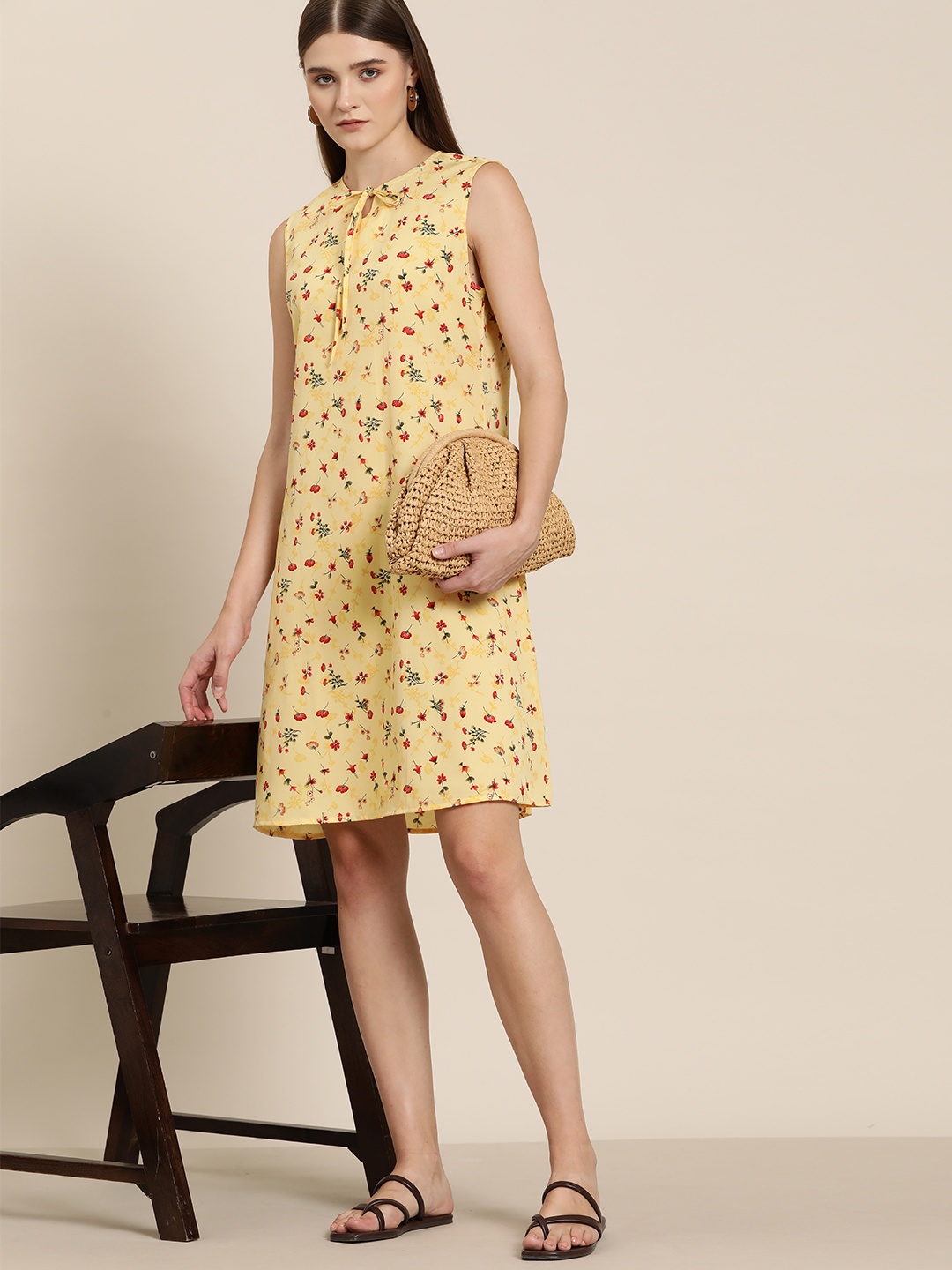 

her by invictus Floral Printed Tie-Up Neck A-Line Dress, Yellow