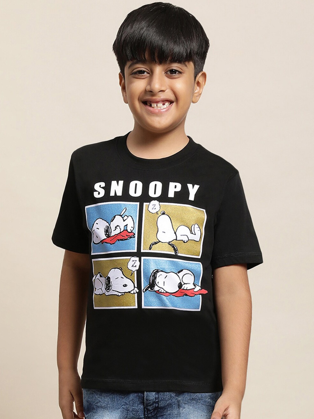 

Kids Ville Boys Peanuts Printed Pure Cotton Tshirt, Black