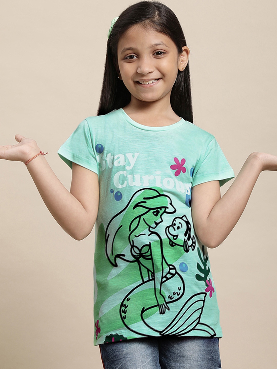 

Kids Ville Girls Disney Princess Printed Pure Cotton Tshirt, Green