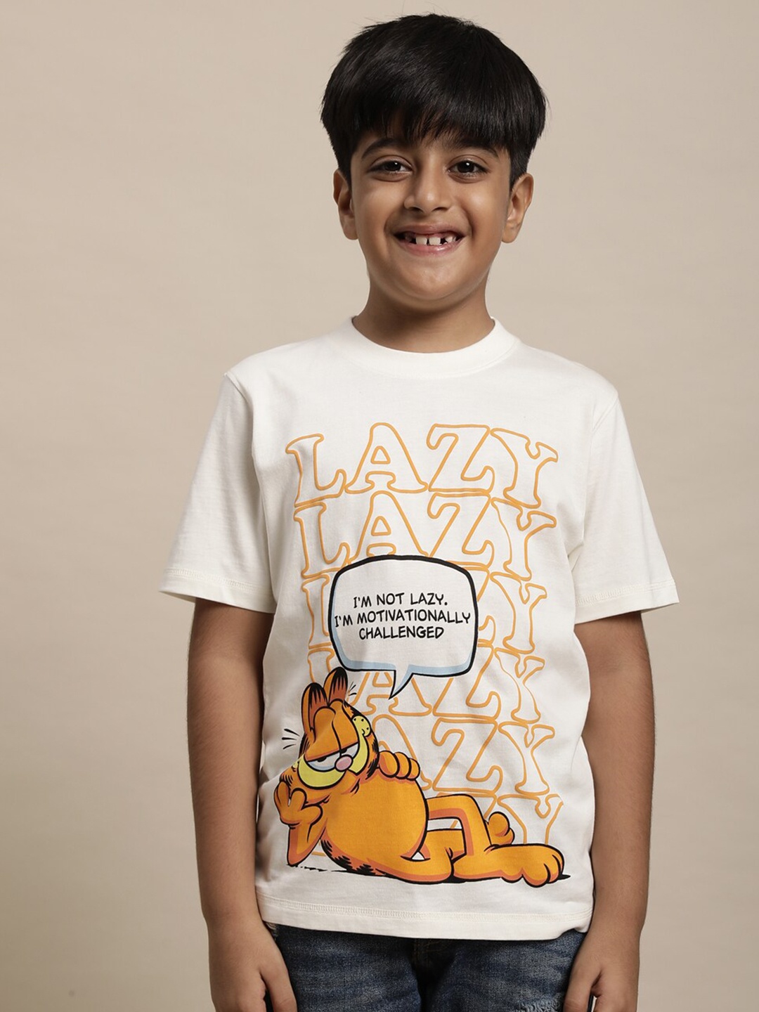 Kids Ville Boys Garfield Printed Pure Cotton Tshirt, Off white