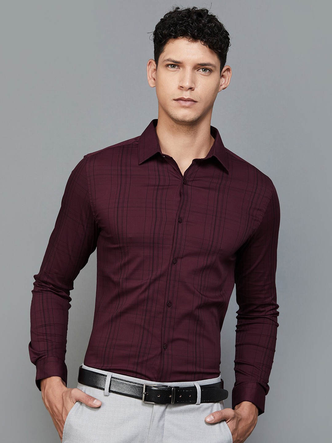 

CODE by Lifestyle Checked Spread Collar Formal Cotton Shirt, Burgundy