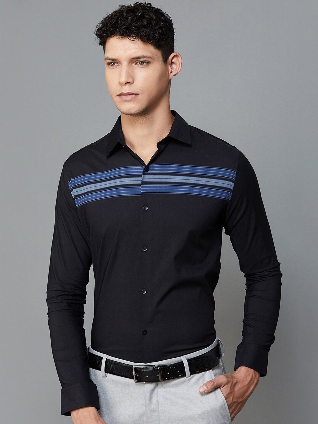 CODE by Lifestyle Striped Spread Collar Opaque Formal Shirt, Black