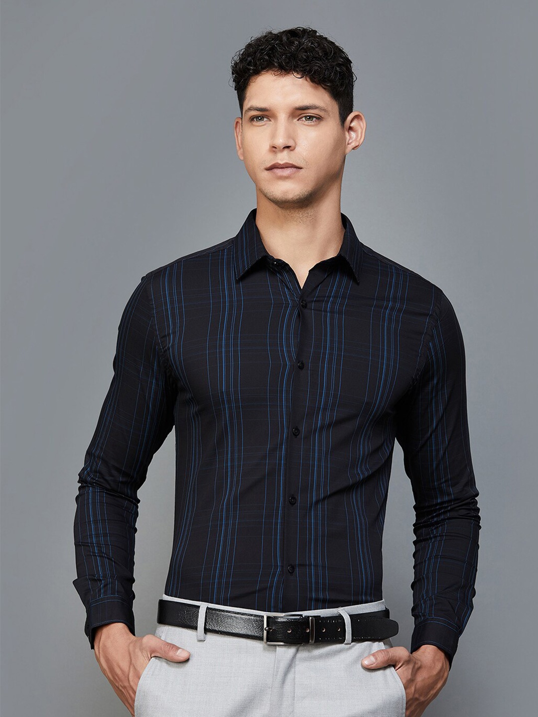 

CODE by Lifestyle Checked Spread Collar Opaque Formal Shirt, Black