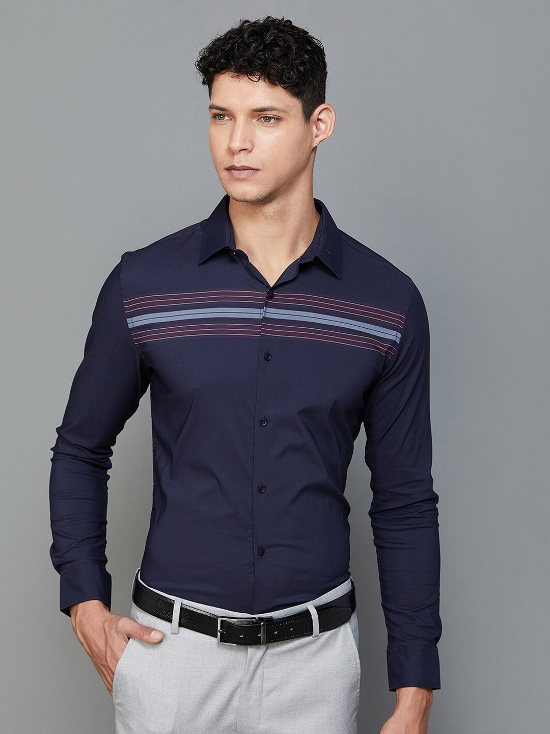 

CODE by Lifestyle Striped Spread Collar Opaque Formal Shirt, Navy blue